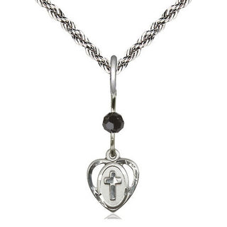 Sterling Silver Heart Cross Medal | Black bead Religious and Catholic Jewelry Engraved Catholic Saint Jewelry