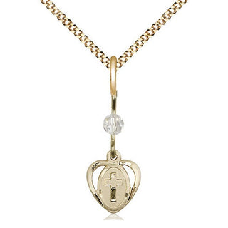 14kt Gold Filled Heart Cross Medal | Crystal bead Religious and Catholic Jewelry Engraved Catholic Saint Jewelry