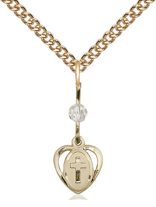 14kt Gold Heart Cross Medal with a Crystal bead Engraved Catholic Saint Jewelry