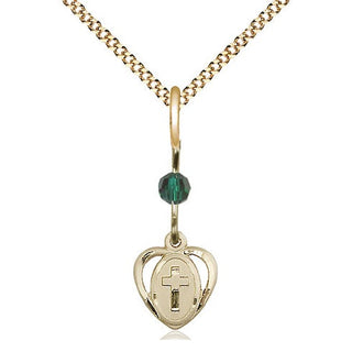 14kt Gold Filled Heart Cross Medal | Emerald bead Religious and Catholic Jewelry Engraved Catholic Saint Jewelry