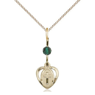 14kt Gold Filled Heart Cross Medal | Emerald bead Religious and Catholic Jewelry Engraved Catholic Saint Jewelry