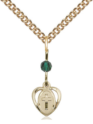14kt Gold Filled Heart Cross Medal | Emerald bead Religious and Catholic Jewelry Engraved Catholic Saint Jewelry