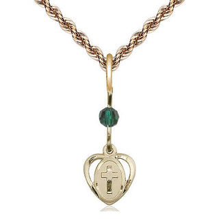 14kt Gold Filled Heart Cross Medal | Emerald bead Religious and Catholic Jewelry Engraved Catholic Saint Jewelry