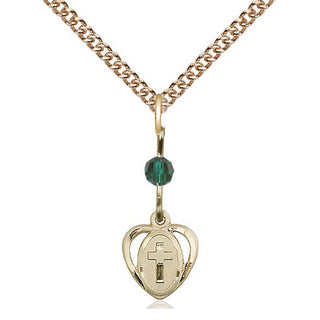 14kt Gold Heart Cross Medal with a Emerald bead Engraved Catholic Saint Jewelry