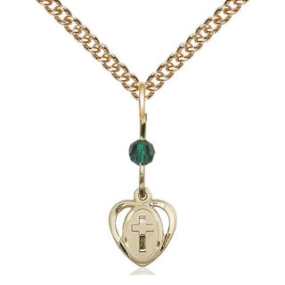 14kt Gold Heart Cross Medal with a Emerald bead Engraved Catholic Saint Jewelry