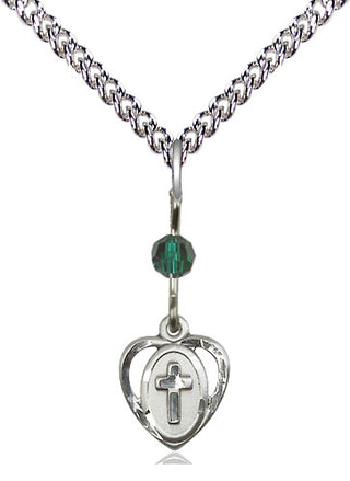 Sterling Silver Heart Cross Medal | Emerald bead Religious and Catholic Jewelry Engraved Catholic Saint Jewelry