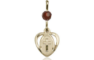 14kt Gold Filled Heart Cross Medal with a Garnet bead Engraved Catholic Saint Jewelry