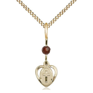 14kt Gold Filled Heart Cross Medal | Garnet bead Religious and Catholic Jewelry Engraved Catholic Saint Jewelry
