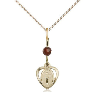 14kt Gold Filled Heart Cross Medal | Garnet bead Religious and Catholic Jewelry Engraved Catholic Saint Jewelry