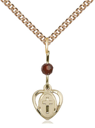 14kt Gold Heart Cross Medal with a Garnet bead Engraved Catholic Saint Jewelry