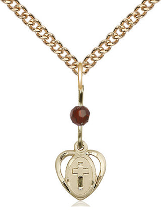 14kt Gold Heart Cross Medal with a Garnet bead Engraved Catholic Saint Jewelry
