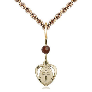 14kt Gold Heart Cross Medal with a Garnet bead Engraved Catholic Saint Jewelry