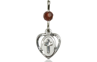 Sterling Silver Heart Cross Medal with a Garnet bead Engraved Catholic Saint Jewelry