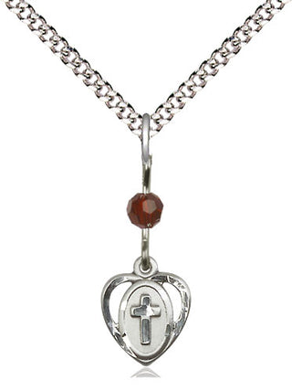 Sterling Silver Heart Cross Medal | Garnet bead Religious and Catholic Jewelry Engraved Catholic Saint Jewelry