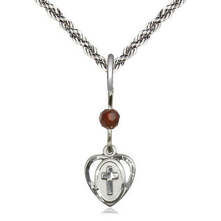 Sterling Silver Heart Cross Medal | Garnet bead Religious and Catholic Jewelry Engraved Catholic Saint Jewelry