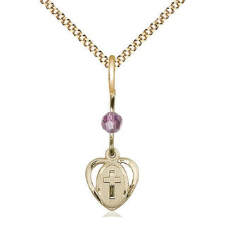 14kt Gold Filled Heart Cross Medal | Light Amethyst bead Religious and Catholic Jewelry Engraved Catholic Saint Jewelry