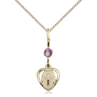 14kt Gold Filled Heart Cross Medal | Light Amethyst bead Religious and Catholic Jewelry Engraved Catholic Saint Jewelry