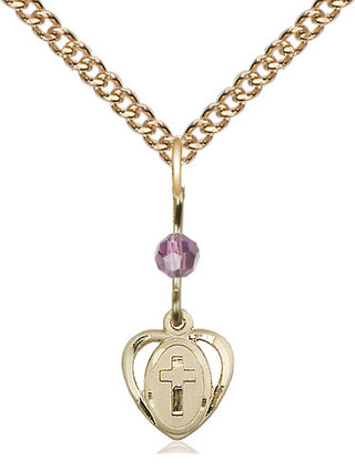 14kt Gold Filled Heart Cross Medal | Light Amethyst bead Religious and Catholic Jewelry Engraved Catholic Saint Jewelry