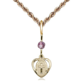 14kt Gold Filled Heart Cross Medal | Light Amethyst bead Religious and Catholic Jewelry Engraved Catholic Saint Jewelry