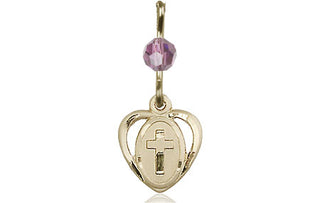 14kt Gold Heart Cross Medal with a Light Amethyst bead Engraved Catholic Saint Jewelry