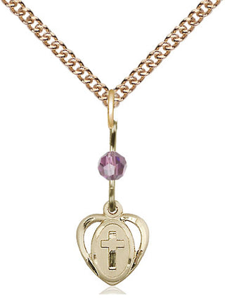 14kt Gold Heart Cross Medal with a Light Amethyst bead Engraved Catholic Saint Jewelry