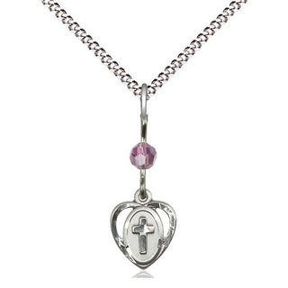 Sterling Silver Heart Cross Medal | Light Amethyst bead Religious and Catholic Jewelry Engraved Catholic Saint Jewelry
