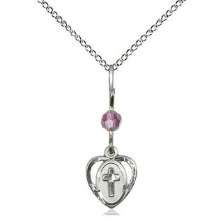 Sterling Silver Heart Cross Medal | Light Amethyst bead Religious and Catholic Jewelry Engraved Catholic Saint Jewelry