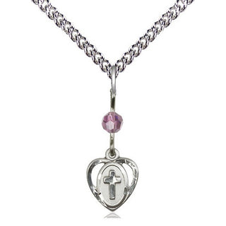 Sterling Silver Heart Cross Medal | Light Amethyst bead Religious and Catholic Jewelry Engraved Catholic Saint Jewelry