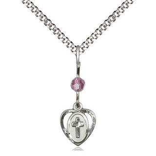 Sterling Silver Heart Cross Medal | Light Amethyst bead Religious and Catholic Jewelry Engraved Catholic Saint Jewelry