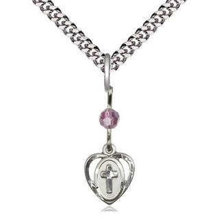 Sterling Silver Heart Cross Medal | Light Amethyst bead Religious and Catholic Jewelry Engraved Catholic Saint Jewelry