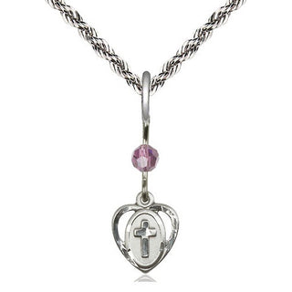 Sterling Silver Heart Cross Medal | Light Amethyst bead Religious and Catholic Jewelry Engraved Catholic Saint Jewelry