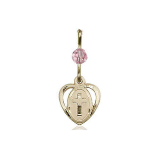 14kt Gold Filled Heart Cross Medal with a Light Rose bead Engraved Catholic Saint Jewelry