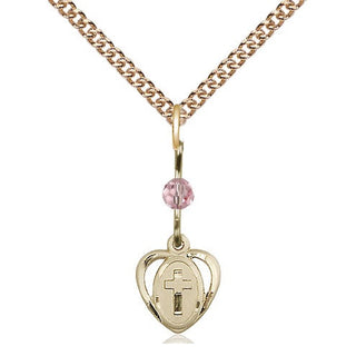 14kt Gold Filled Heart Cross Medal | Light Rose bead Religious and Catholic Jewelry Engraved Catholic Saint Jewelry