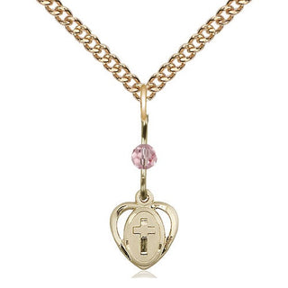 14kt Gold Filled Heart Cross Medal | Light Rose bead Religious and Catholic Jewelry Engraved Catholic Saint Jewelry