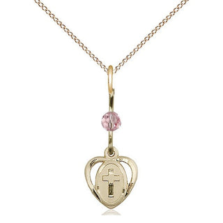 14kt Gold Heart Cross Medal with a Light Rose bead Engraved Catholic Saint Jewelry