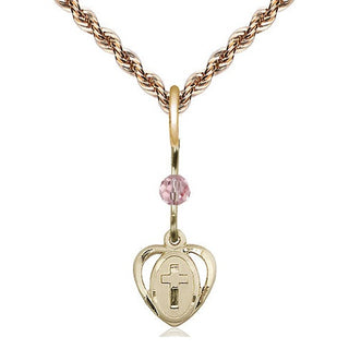 14kt Gold Heart Cross Medal with a Light Rose bead Engraved Catholic Saint Jewelry
