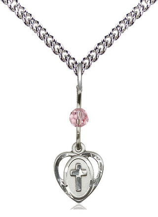 Sterling Silver Heart Cross Medal | Light Rose bead Religious and Catholic Jewelry Engraved Catholic Saint Jewelry