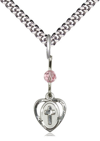 Sterling Silver Heart Cross Medal | Light Rose bead Religious and Catholic Jewelry Engraved Catholic Saint Jewelry