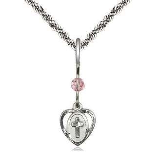 Sterling Silver Heart Cross Medal | Light Rose bead Religious and Catholic Jewelry Engraved Catholic Saint Jewelry
