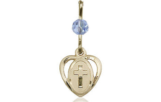 14kt Gold Filled Heart Cross Medal with a Light Sapphire bead Engraved Catholic Saint Jewelry