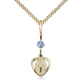 14kt Gold Filled Heart Cross Medal | Light Sapphire bead Religious and Catholic Jewelry Engraved Catholic Saint Jewelry