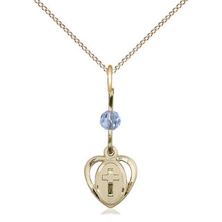 14kt Gold Filled Heart Cross Medal | Light Sapphire bead Religious and Catholic Jewelry Engraved Catholic Saint Jewelry