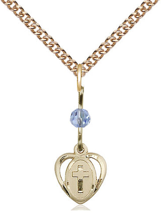 14kt Gold Filled Heart Cross Medal | Light Sapphire bead Religious and Catholic Jewelry Engraved Catholic Saint Jewelry