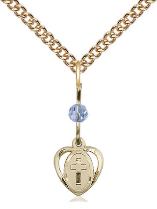 14kt Gold Filled Heart Cross Medal | Light Sapphire bead Religious and Catholic Jewelry Engraved Catholic Saint Jewelry