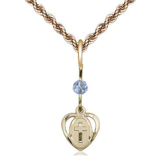 14kt Gold Filled Heart Cross Medal | Light Sapphire bead Religious and Catholic Jewelry Engraved Catholic Saint Jewelry