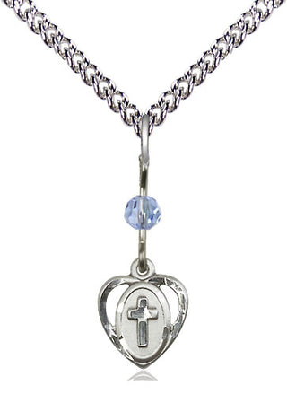 Sterling Silver Heart Cross Medal | Light Sapphire bead Religious and Catholic Jewelry Engraved Catholic Saint Jewelry