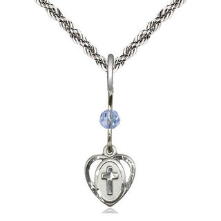 Sterling Silver Heart Cross Medal | Light Sapphire bead Religious and Catholic Jewelry Engraved Catholic Saint Jewelry