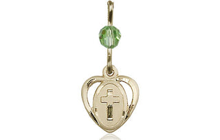 14kt Gold Filled Heart Cross Medal with a Peridot bead Engraved Catholic Saint Jewelry