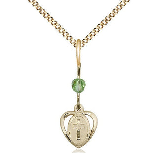 14kt Gold Filled Heart Cross Medal | Peridot bead Religious and Catholic Jewelry Engraved Catholic Saint Jewelry