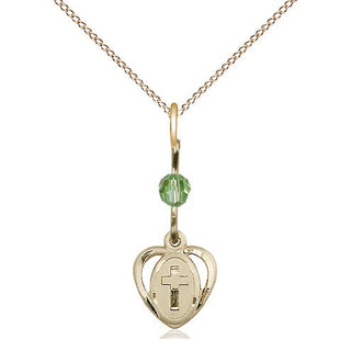 14kt Gold Filled Heart Cross Medal | Peridot bead Religious and Catholic Jewelry Engraved Catholic Saint Jewelry